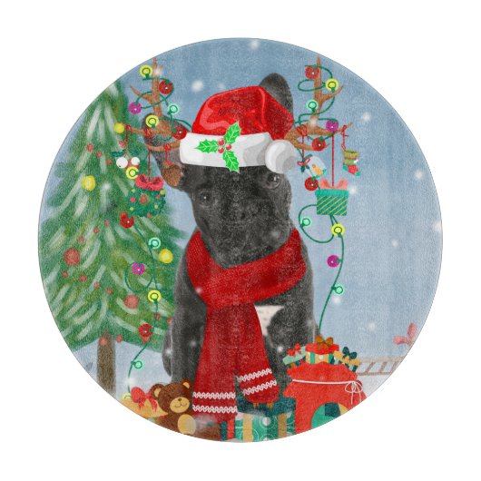 Französischer Bulldog im Schnee mit Weihnachtsgesc Schneidebrett (Vorderseite)