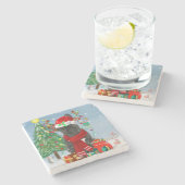 Französischer Bulldog im Schnee mit Weihnachtsgesc Steinuntersetzer (Seitenansicht)