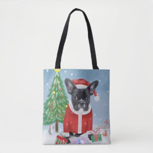 Französischer Bulldog im Schnee mit Weihnachtsgesc Tasche
