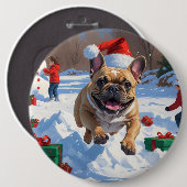 Französischer Bulldog im Schnee mit Weihnachtsmütz Button (Vorne & Hinten)