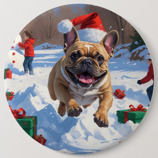 Französischer Bulldog im Schnee mit Weihnachtsmütz Button (Vorderseite)