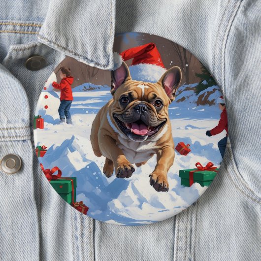 Französischer Bulldog im Schnee mit Weihnachtsmütz Button (Beispiel)