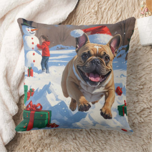 Französischer Bulldog im Schnee mit Weihnachtsmütz Kissen