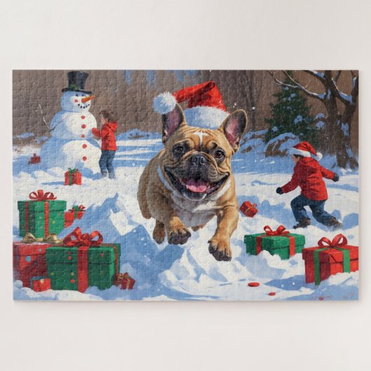 Französischer Bulldog im Schnee mit Weihnachtsmütz Puzzle (Horizontal)