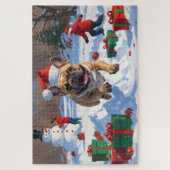 Französischer Bulldog im Schnee mit Weihnachtsmütz Puzzle (Vertikal)