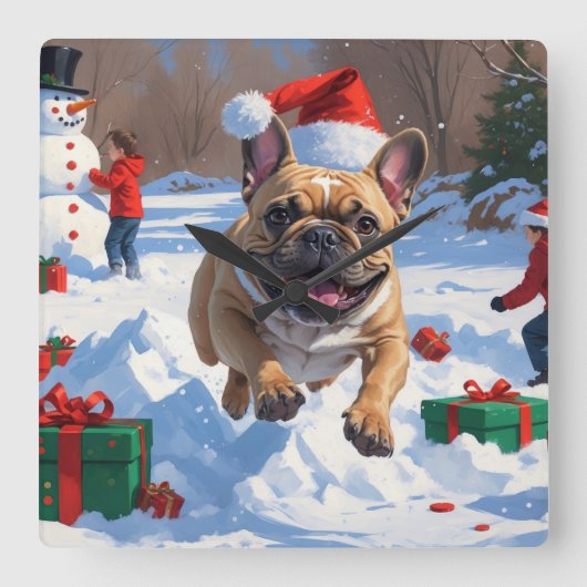 Französischer Bulldog im Schnee mit Weihnachtsmütz Quadratische Wanduhr (Vorderseite)