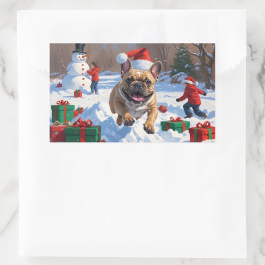 Französischer Bulldog im Schnee mit Weihnachtsmütz Rechteckiger Aufkleber (Tasche)