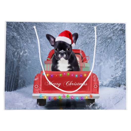 Französischer Bulldog im Schnee sitzend im Weihnac Große Geschenktüte (Rückseite)