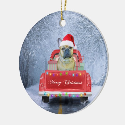 Französischer Bulldog im Schnee sitzend im Weihnac Keramik Ornament (Links)