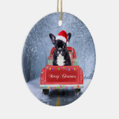 Französischer Bulldog im Schnee sitzend im Weihnac Keramik Ornament (Rechts)