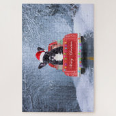 Französischer Bulldog im Schnee sitzend im Weihnac Puzzle (Vertikal)