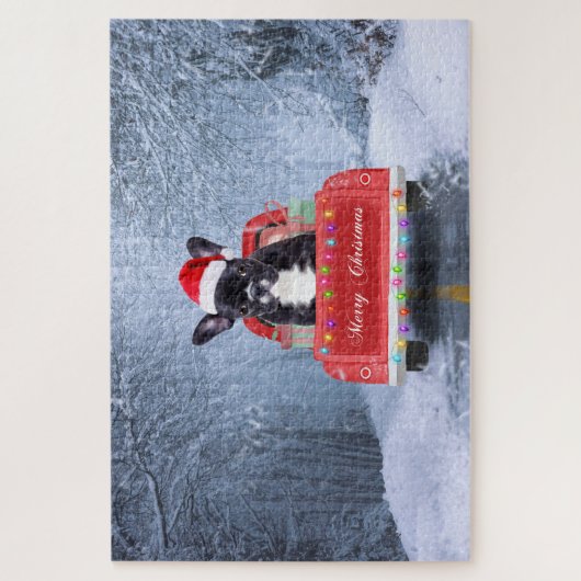 Französischer Bulldog im Schnee sitzend im Weihnac Puzzle (Vertikal)