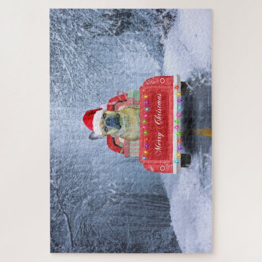 Französischer Bulldog im Schnee sitzend im Weihnac Puzzle (Vertikal)