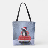 Französischer Bulldog im Schnee sitzend im Weihnac Tasche (Rückseite)