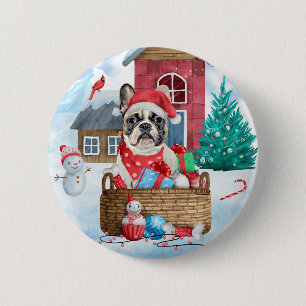 Französischer Bulldog im Schnee Weihnachts-Hundeha Button