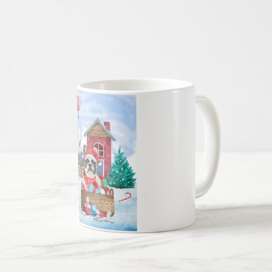 Französischer Bulldog im Schnee Weihnachts-Hundeha Kaffeetasse (VorderseiteRechts)