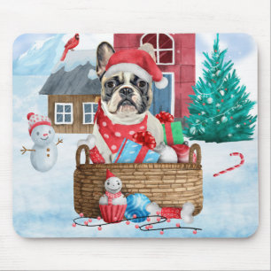 Französischer Bulldog im Schnee Weihnachts-Hundeha Mousepad