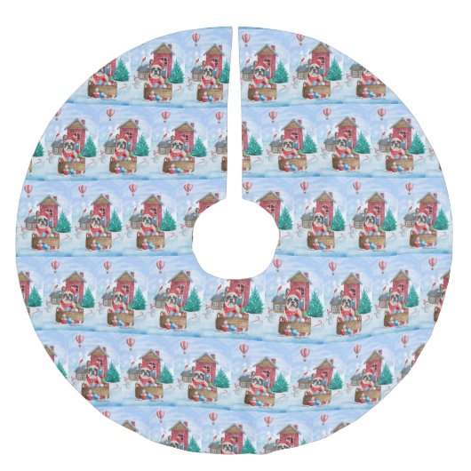 Französischer Bulldog im Schnee Weihnachts-Hundeha Polyester Weihnachtsbaumdecke (Vorderseite)