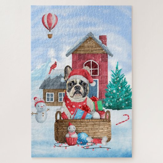 Französischer Bulldog im Schnee Weihnachts-Hundeha Puzzle (Vertikal)