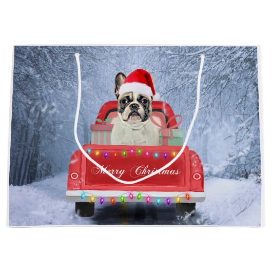 Französischer Bulldog im Schnee zu Weihnachten Große Geschenktüte (Vorderseite)