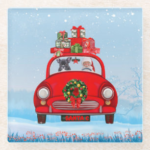 Französischer Bulldog in Auto mit dem Weihnachtsma Glasuntersetzer