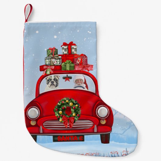Französischer Bulldog in Auto mit dem Weihnachtsma Kleiner Weihnachtsstrumpf (Vorderseite)
