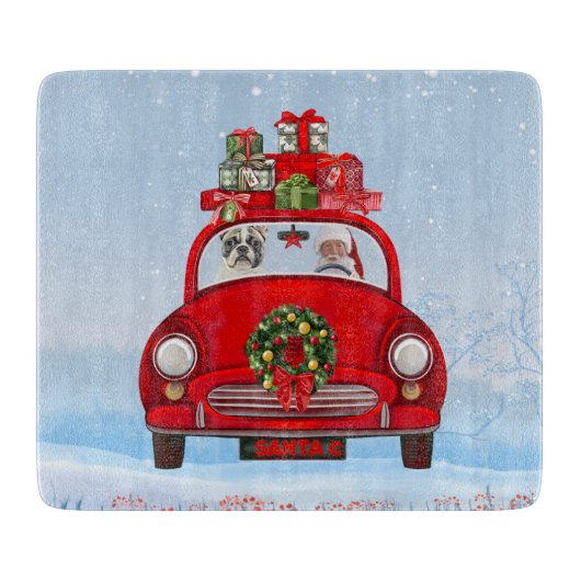 Französischer Bulldog in Auto mit dem Weihnachtsma Schneidebrett (Vorderseite)