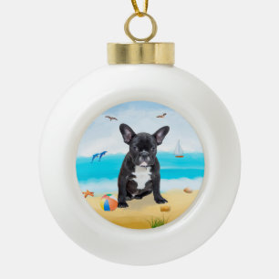 Französischer Bulldog in Beach Keramik Kugel-Ornament