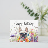 Französischer Bulldog in Blume Field Geburtstag Postkarte (Stehend Vorderseite)