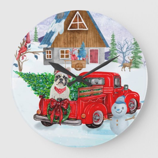 Französischer Bulldog in Christmas Delivery LKW Sc Große Wanduhr (Vorderseite)