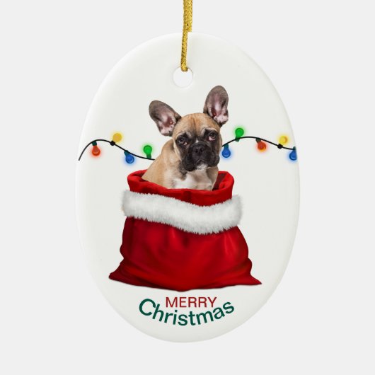 Französischer Bulldog in Holiday Gift Bag Keramik Keramik Ornament (Vorne)