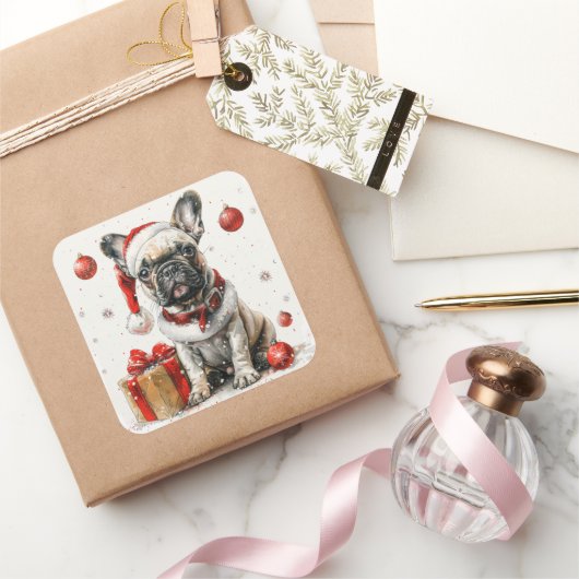 Französischer Bulldog in Santa Anzug mit Geschenkb Quadratischer Aufkleber (Schenken)