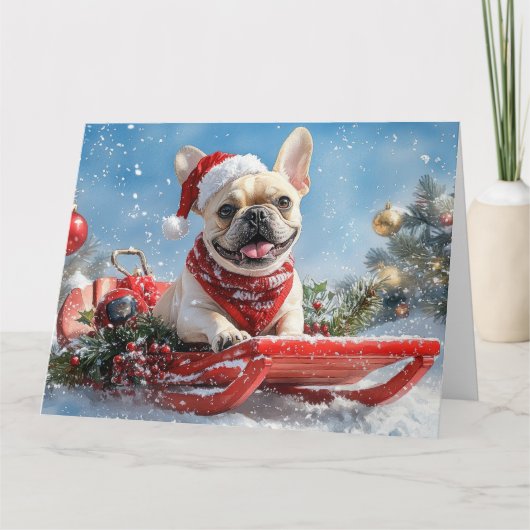 Französischer Bulldog in Sledge Let it Snow Weihna Karte (Vorderseite)