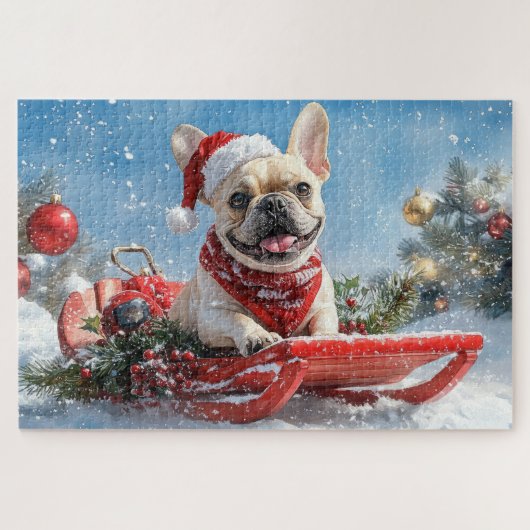Französischer Bulldog in Sledge Let it Snow Weihna Puzzle (Horizontal)