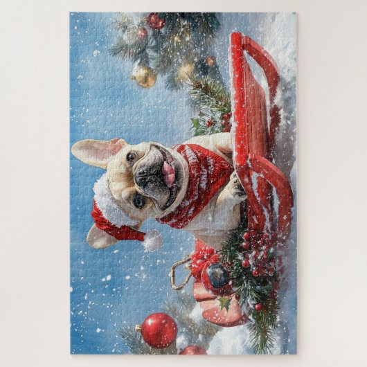 Französischer Bulldog in Sledge Let it Snow Weihna Puzzle (Vertikal)