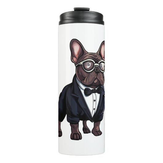 Französischer Bulldog in Tuxedo mit Brille Thermosbecher (Vorderseite)