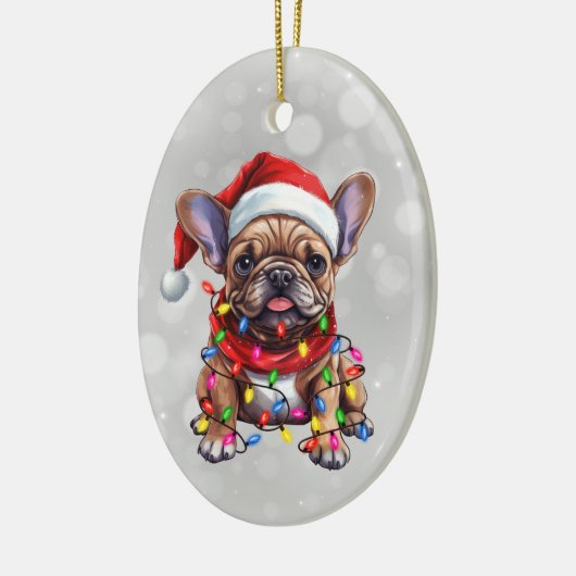 Französischer Bulldog in Weihnachtsbeleuchtung umm Keramik Ornament (Links)