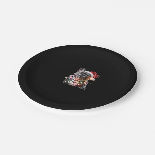 Französischer Bulldog in Weihnachtsmannmütze Wrap Pappteller (Schrägansicht)