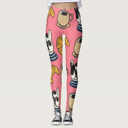 Französischer Bulldog, Kaffee, Croissant Thema. Leggings (Vorderseite)