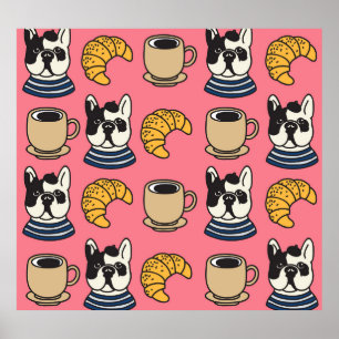 Französischer Bulldog, Kaffee, Croissant Thema. Poster