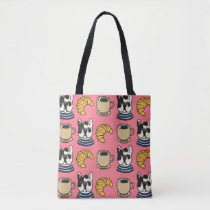 Französischer Bulldog, Kaffee, Croissant Thema. Tasche