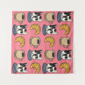 Französischer Bulldog, Kaffee, Croissant Thema. Wandteppich (Vorderseite (Horizontal))