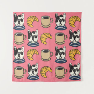 Französischer Bulldog, Kaffee, Croissant Thema. Wandteppich