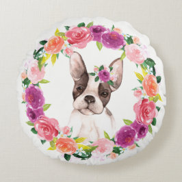 Französischer Bulldog mit Blumenkissen Rundes Kissen