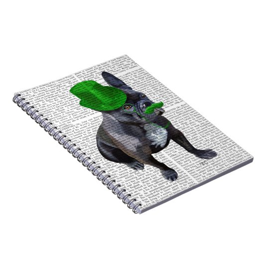 Französischer Bulldog mit grünem Top Hut und Musta Notizblock (Rechte Seite)