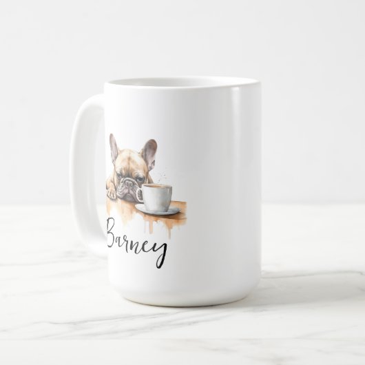 Französischer Bulldog mit Kaffee-Tasse, Hund mit E Kaffeetasse (Vorderseite Links)