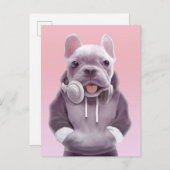 Französischer Bulldog mit Kopfhörer-Illustration Ankündigungspostkarte (Vorne/Hinten)
