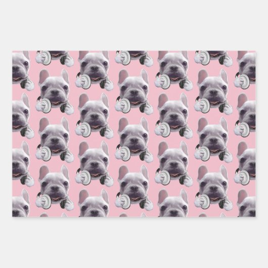 Französischer Bulldog mit Kopfhörer-Illustration Geschenkpapier Set (Vorderseite)