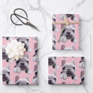 Französischer Bulldog mit Kopfhörer-Illustration Geschenkpapier Set