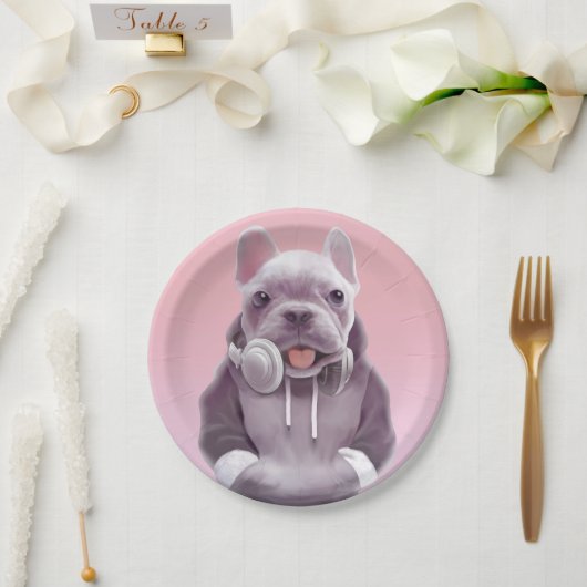 Französischer Bulldog mit Kopfhörer-Illustration Pappteller (Hochzeit)